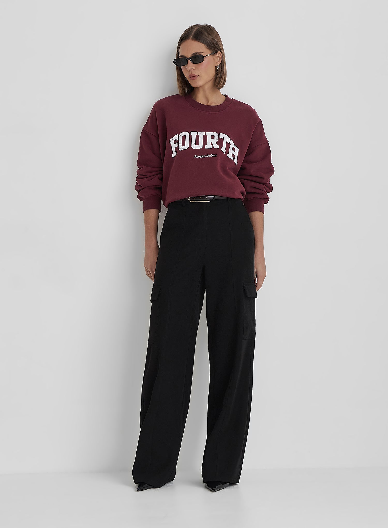 Burgundy Distressed Fourth Slogan Oversized Sweatshirt
